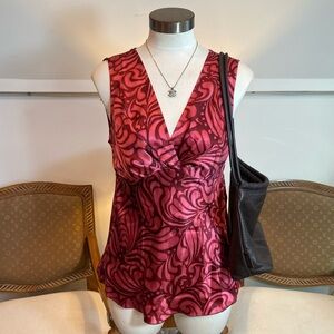 The Limited Pink & Burgundy 100% Silk Swirl Sleeveless Babydoll Blouse V-Neck M